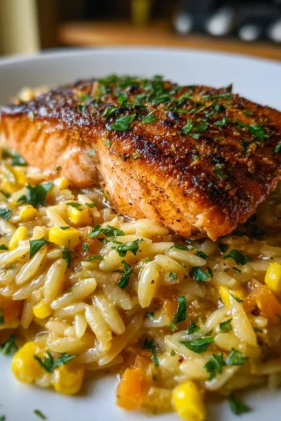Creamed Corn Orzo with Salmon