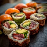 Sushi met avocado, zalm en ossenhaas