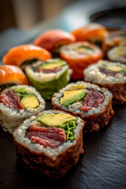 Sushi met avocado, zalm en ossenhaas