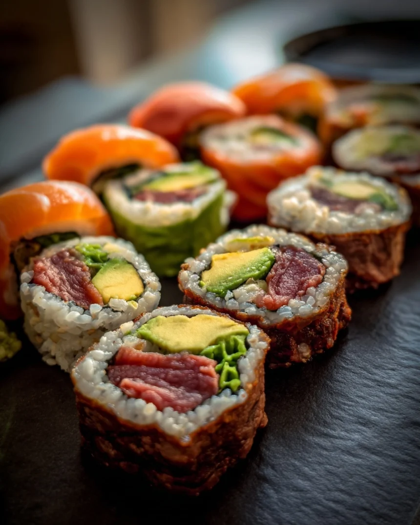 Sushi met avocado, zalm en ossenhaas