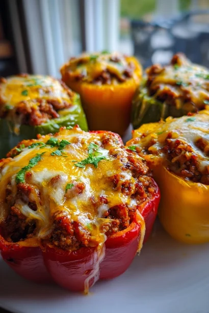 Ground Beef Stuffed Peppers with Melted Cheese (High Protein!)