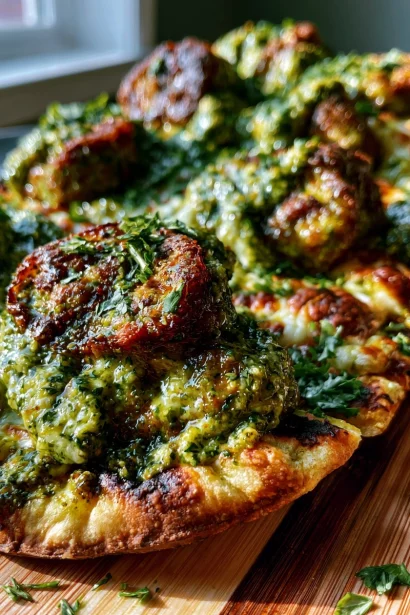 Crispy Pesto Meatball Flatbread