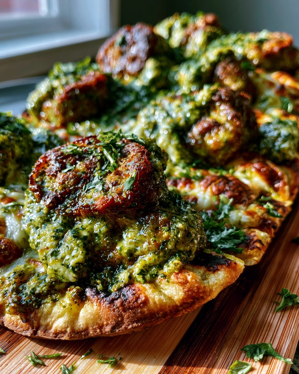 Crispy Pesto Meatball Flatbread